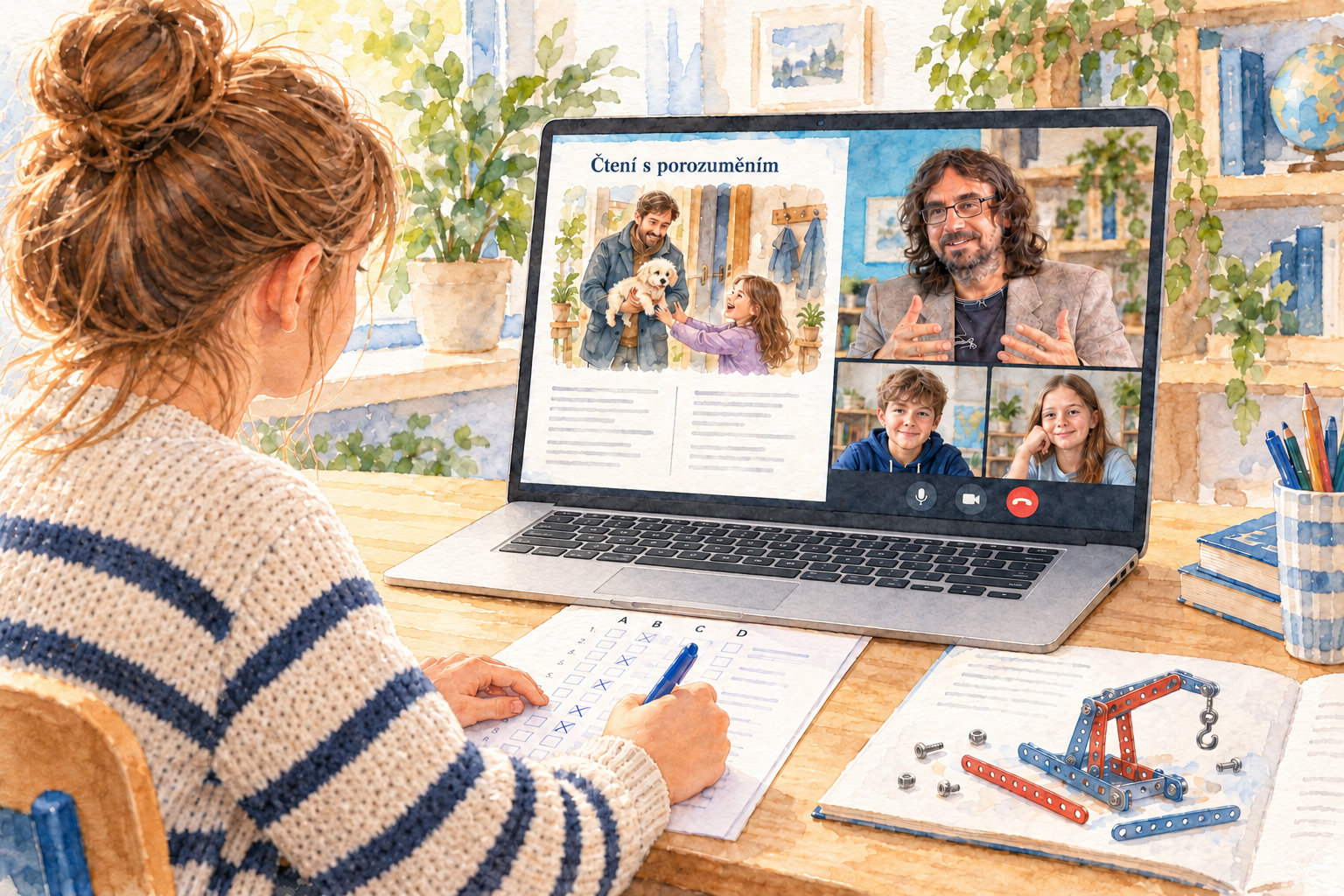 Akvarelová ilustrace žákyně při online lekci češtiny s Alešem Adámkem; vyplňuje záznamový arch a na obrazovce probírá příběh o štěněti.
